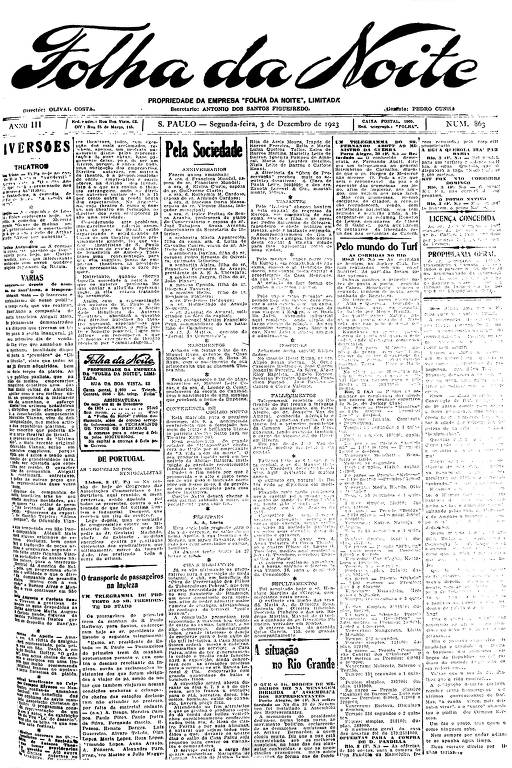 Primeira Página da Folha da Noite de 3 de dezembro de 1923