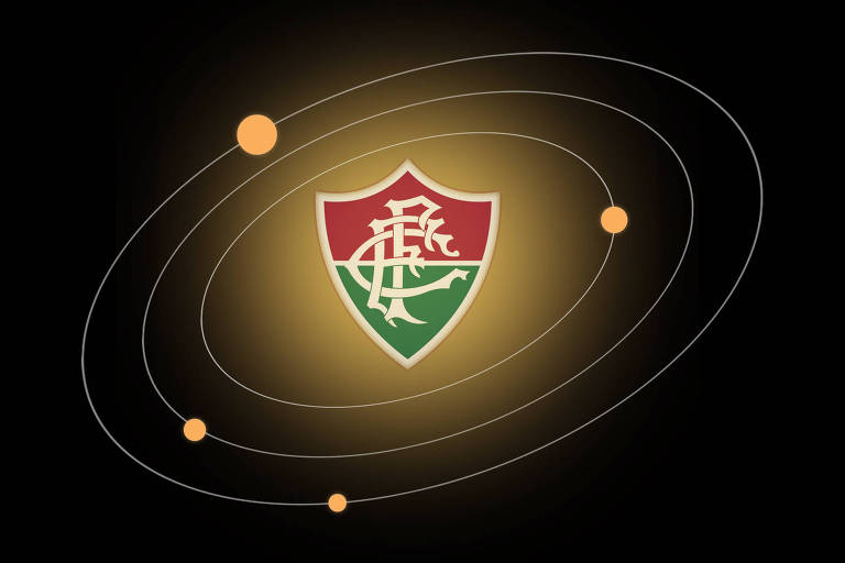 Sobre um fundo preto há o escudo do Fluminense com um brilho dourado atrás e três órbitas ao redor com um planeta brilhante em cada uma.