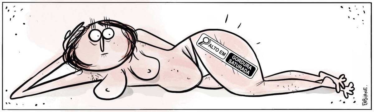 A tira Viver Dói, de Fabiane Langona, publicada em 13/11/2023, mostra uma mulher deitada de frente, ao estilo “paint me like one of your french girl”. Ela apoia a cabeça em uma das mãos, tem os cabelos  lisos engruvinhados na altura do ombro, peitos fartos, uma grande barriga levemente flácida, quadris largos. A mulher olha surpresa pra uma de suas coxas, onde vemos grudado um selo de regulamentação nutricional da Anvisa. No selo, lê-se: “ Alto em gordura saturada”.