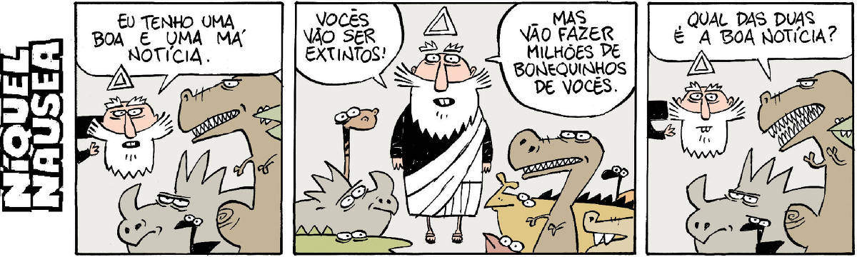 A tira tem dois quadrinhos. Quadrinho 01: Um salva-vidas fortão corre na praia em direção a alguém que pede socorro. Quadrinho 02: O salva-vidas já resgatou o cara que estava se afogando. O cara está vestido de pato, com um cabeção do boneco fora da sua cabeça. O salva-vidas fala com ele, bravo: Idiota!! É para nadar só com o PÉ de pato.