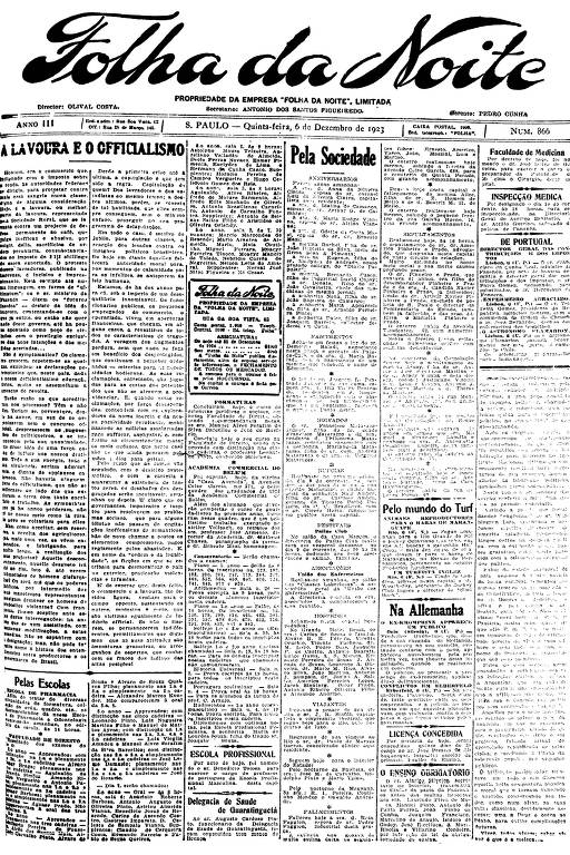 Primeira Página da Folha da Noite de 6 de dezembro de 1923