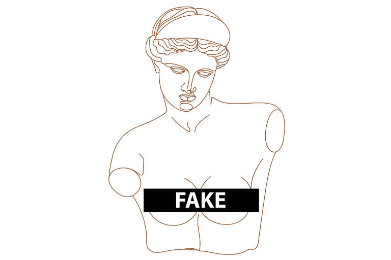 Escultura grega com sinal de "fake" em cima dos seios.