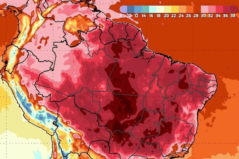 Cinco dias depois, a projeção do Inmet mostra que a onda de calor deve atingir grande parte do país, deixando apenas a região Sul fora