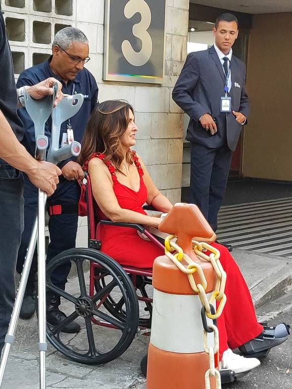 Fátima Bernardes chega de cadeira de rodas aos Estúdios Globo do Rio (Foto: Reprodução, AgNews)