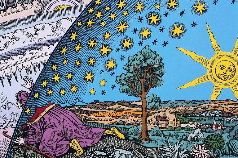 Ilustração colorida de uma pessoa tentando tocar o Universo com estrelas e sol desenhados