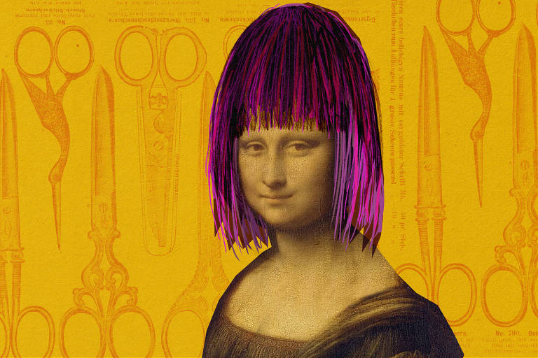 Na colagem digital de Marcelo Martinez: Monalisa com uma longa franja rosa, disfarçando sua testa