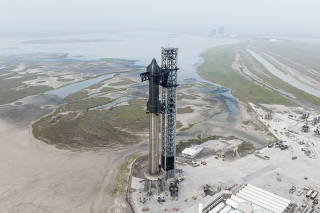SpaceX Starship's full stack is seen on its launchpad near Brownsville