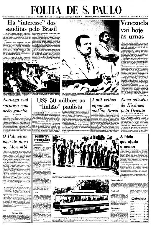 Primeira Página da Folha de 9 dezembro de 1973