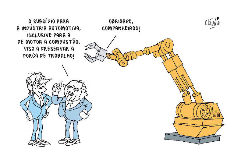 Alckmin. Lula diz: - O subsídio para a indústria automotiva, inclusive para a de motor a combustão, visa a preservar a força de trabalho! Atrás deles, um robô industrial diz: - Obrigado, companheiros!