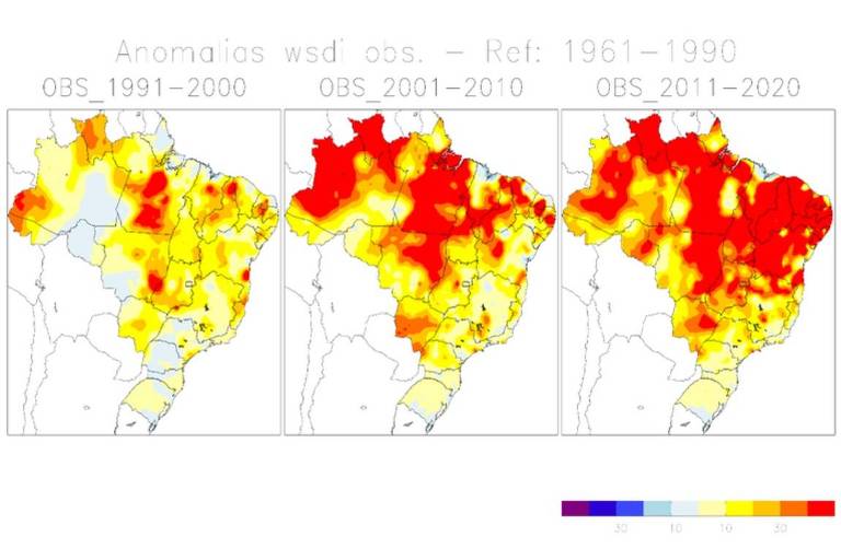 Mapas do estudo: No período estudado, entre 1961 e 1990, o número de dias com ondas de calor era de sete e ampliou para 52 dias no período entre 2011 e 2020