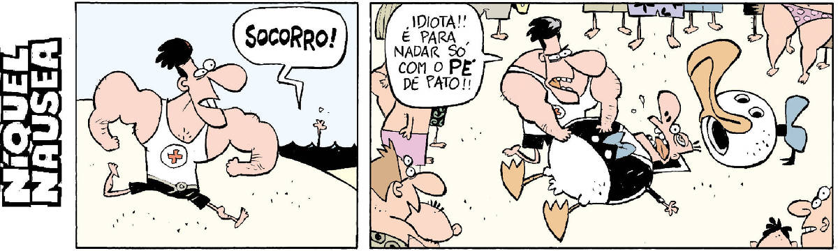A tira tem três quadrinhos. Quadrinho 01: Deus fala para os dinossauros: tenho uma boa e uma má notícia. Quadrinho 02: Continua: Vocês vão ser extintos. Mas vão fazer milhões de bonequinhos de vocês! Quadrinho 03: Um dos dinossauros pergunta, bravo:  Qual das duas é a boa notícia?