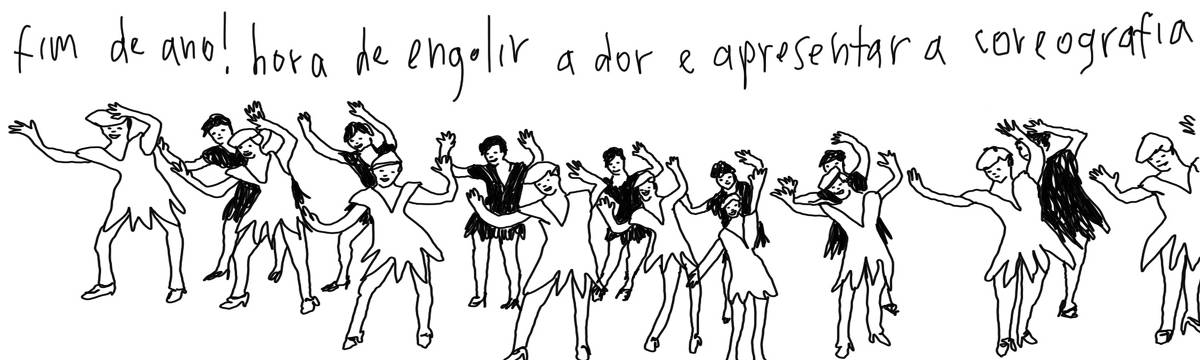 A tirinha em preto e branco de Estela May, publicada em 14/11/23, traz mulheres dançando de vestido e chapéu com as mãos para o alto. Acima, “fim de ano! hora de engolir a dor e apresentar a coreografia”