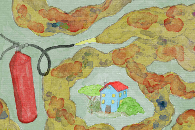 Arte ilustra uma casa envolta em meio a uma fumaça tóxica e suja que sai de um extintor de incêncio 
