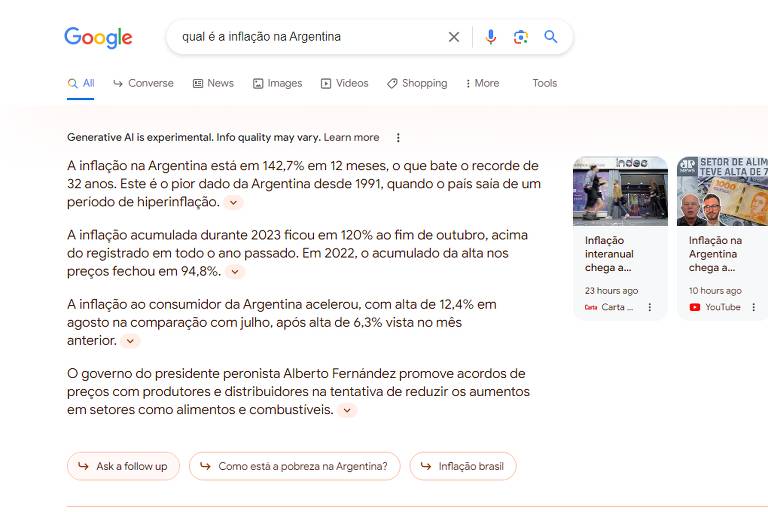 Reportagem buscou dados sobre inflação na Argentina no Google na segunda (13) e na terça-feira (14) e recebeu respostas geradas por IA