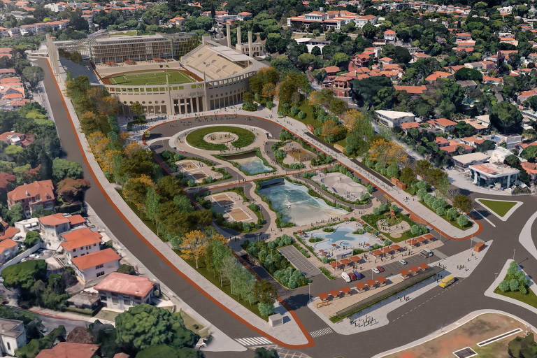 Imagem gerada em computador mostra vista aérea de novo projeto da praça Charles Miller, com uma piscina de ondas bem no centro da imagem, e quadras em frente a fachada do estádio do Pacaembu