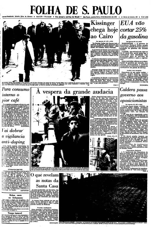 Primeira Página da Folha de 13 de dezembro de 1973