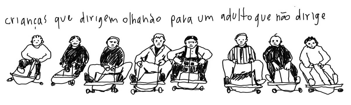 A tirinha em preto e branco de Estela May, publicada em 17/11/23, traz crianças em cima de carrinhos de rolimã olhando para a frente. Acima, “crianças que dirigem olhando para um adulto que não dirige”