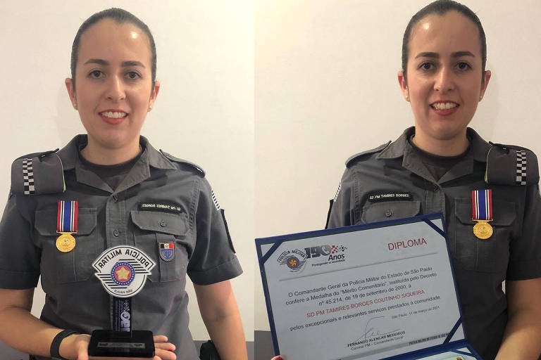 A policial militar Tamires Borges recebe a Medalha do Mérito Comunitário, em março de 2021