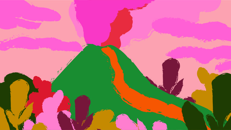 Ilustração de fundo rosa, com um vulcão verde, de onde saem fumaça e escorrem lavas, ao seu redor nuvens e uma vegetação colorida.