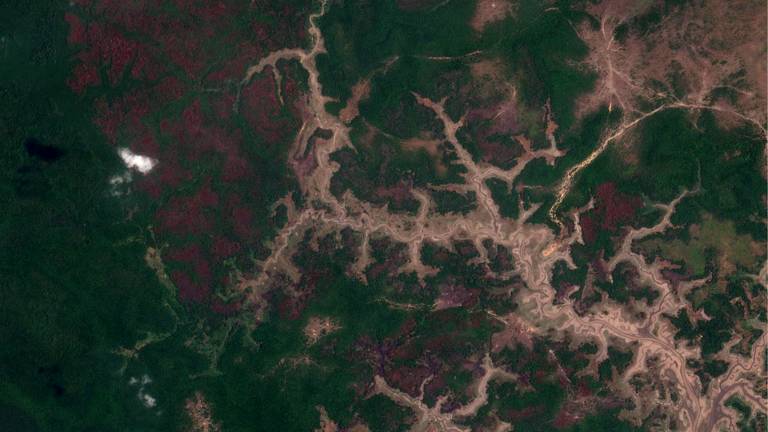 imagem de satélite mostra leito de lago seco, com areia, e porções de vegetação queimada 