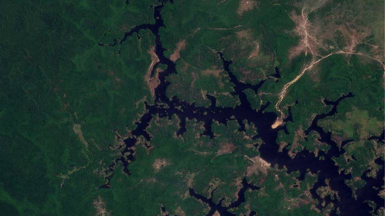 leito de lago que vai se dividindo entre "ramos", como mostra foto vertical de satélite, e vegetação verde nas margens
