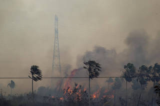 Pantanal enfrenta nova onda de incendios: Fogo squeima na mata, se propaga com o vento e se aproxima de torre de alta tensao proximo a  BR 262  na cidade de Miranda