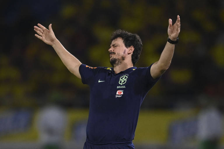 Fernando Diniz irritado durante partida em que o Brasil perdeu para a Colômbia
