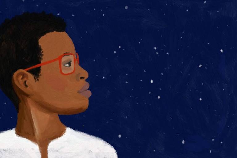 Arte ilustra uma mulher negra de cabelos curtos e óculos vermelhos de perfil, olhando para um céu estrelado