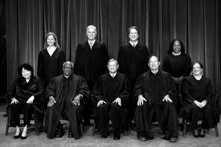 FILE PHOTO: U.S. Supreme Court justices pose for their group portrait at the Supreme Court in Washington