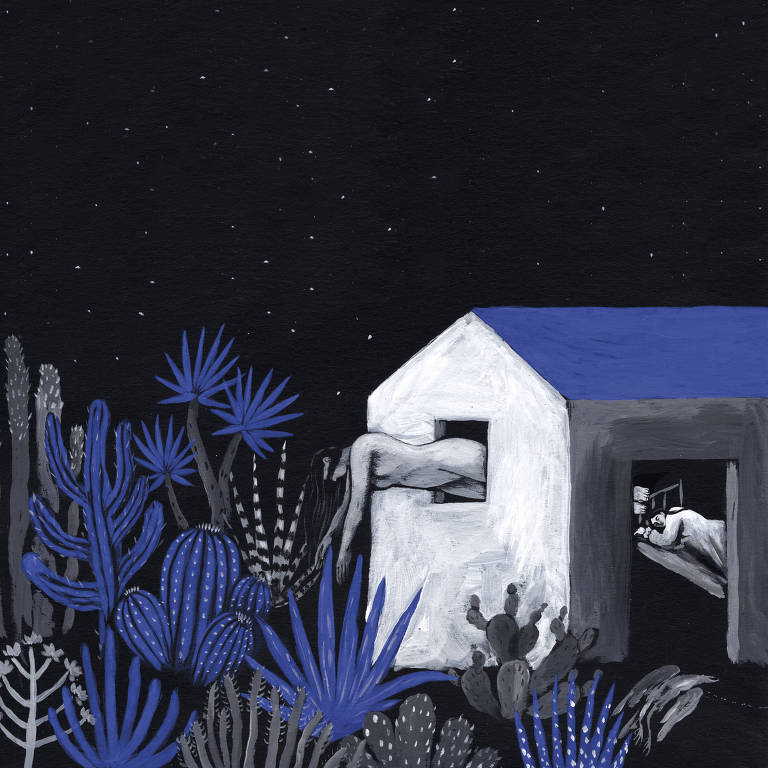 ilustração de casa rural à noite, em branco e azul, com grandes membros saindo pela janela e porta