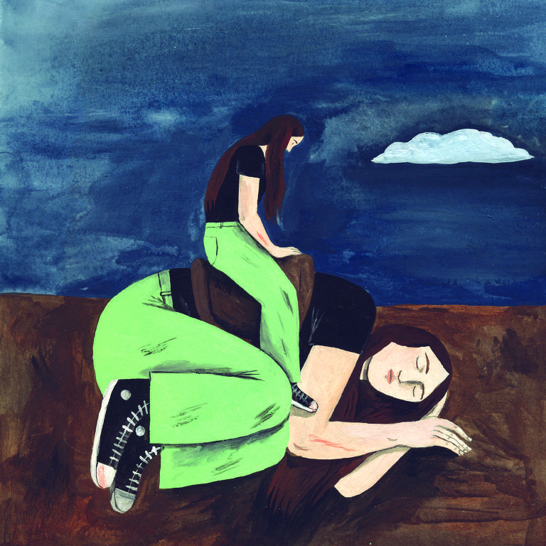 ilustração de mulher pequena sentada sobre outra mulher deitada gigante e vestida igual a ela, contra céu escuro