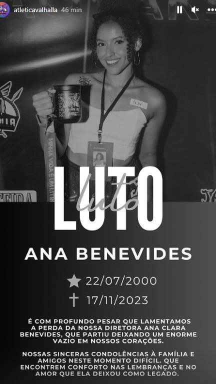 Postagem da Atlética a UFR lamenta a morte de Ana Clara Benevides