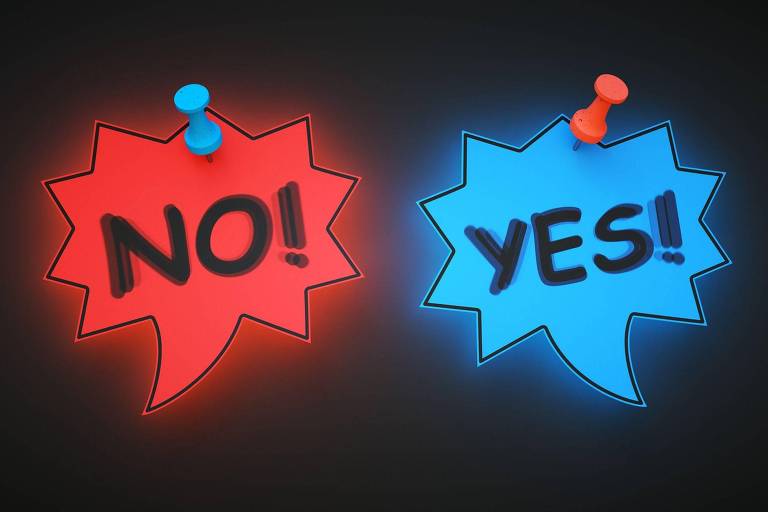 ilustração sobre fundo preto mostra as palavras "não!" e "sim!" em inglês, cada uma sobre um balão de texto. o da esquerda, com o "não", é vermelho, e o da direita, com o "sim", é azul. cada balão tem um alfinete da cor do outro balão afixado na parte superior
