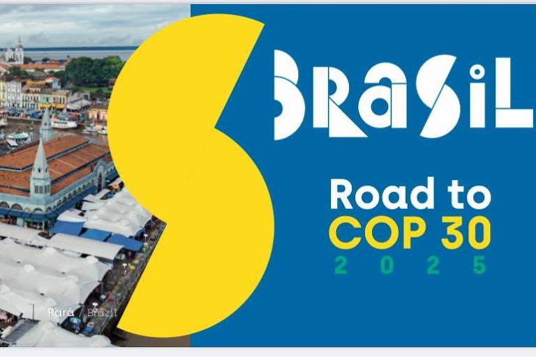Imagem azul com desenhos abstratos em amarelo e foto do centro de Belém. Escrito em branco, "Brasil: road to COP30 2025"