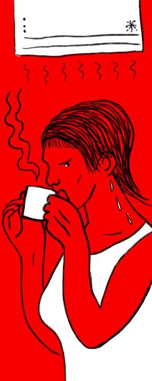 mMulher bebe café quente embaixo do ar-condicionado. fundo vermelho, desenho preto e branco.