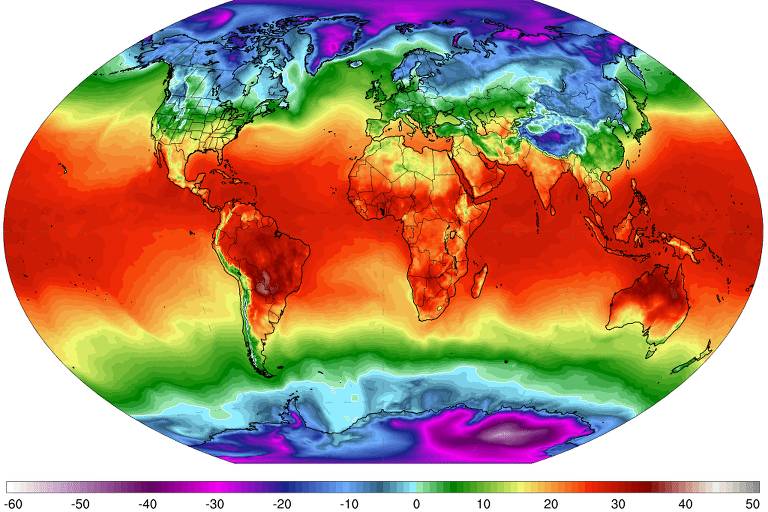 Mapa mostra a média da temperatura global na última sexta-feira, com regiões mais quentes em vermelho, na região dos trópicos, e mais frias em azul e roxo, nos pólos