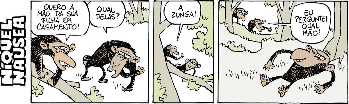 Quadrinho 1: Dois chipanzés na floresta. O primeiro diz: quero a mão da sua filha em casamento. O segundo pergunta: qual delas? Quadrinho 2: Observamos os dois macacos do alto de uma árvore. Ele responde: A Zunga. Quadrinho 3: A Zunga está deitada em primeiro plano. Os dois estão lá atrás e o pai diz: eu perguntei qual mão.