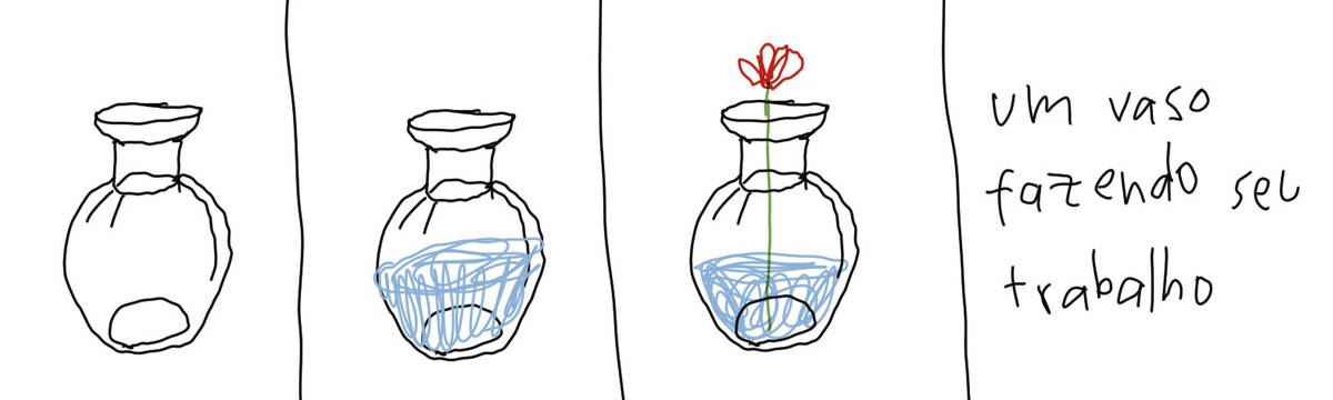 A tirinha de Estela May, publicada em 22/11/23, traz três quadros de um vaso. No primeiro, vazio; no segundo, com água; no terceiro, com água e uma flor. No quarto quadro, “um vaso fazendo seu trabalho”