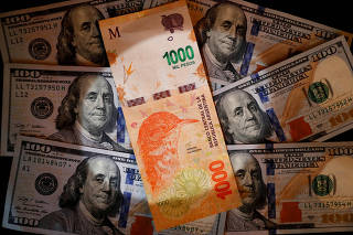 FILE PHOTO: A one thousand Argentine peso bill sits on top of several one hundred U.S. dollar bills in this illustration picture