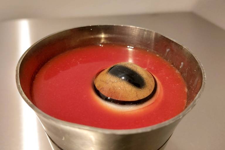 Globo ocular de ovelha embebido em suco de tomate