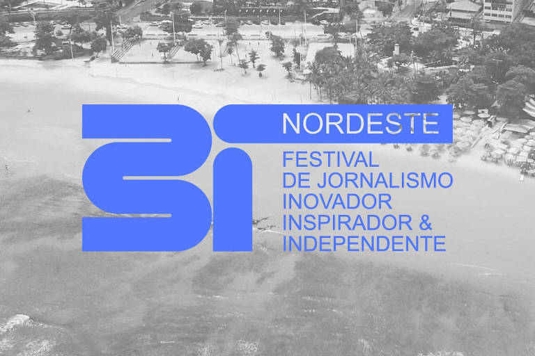 Banner com foto de praia ao fundo em preto e branco com escritos acima em azul "3i Nordeste, Festival de Jornalismo Inovador Inspirador e Independente"