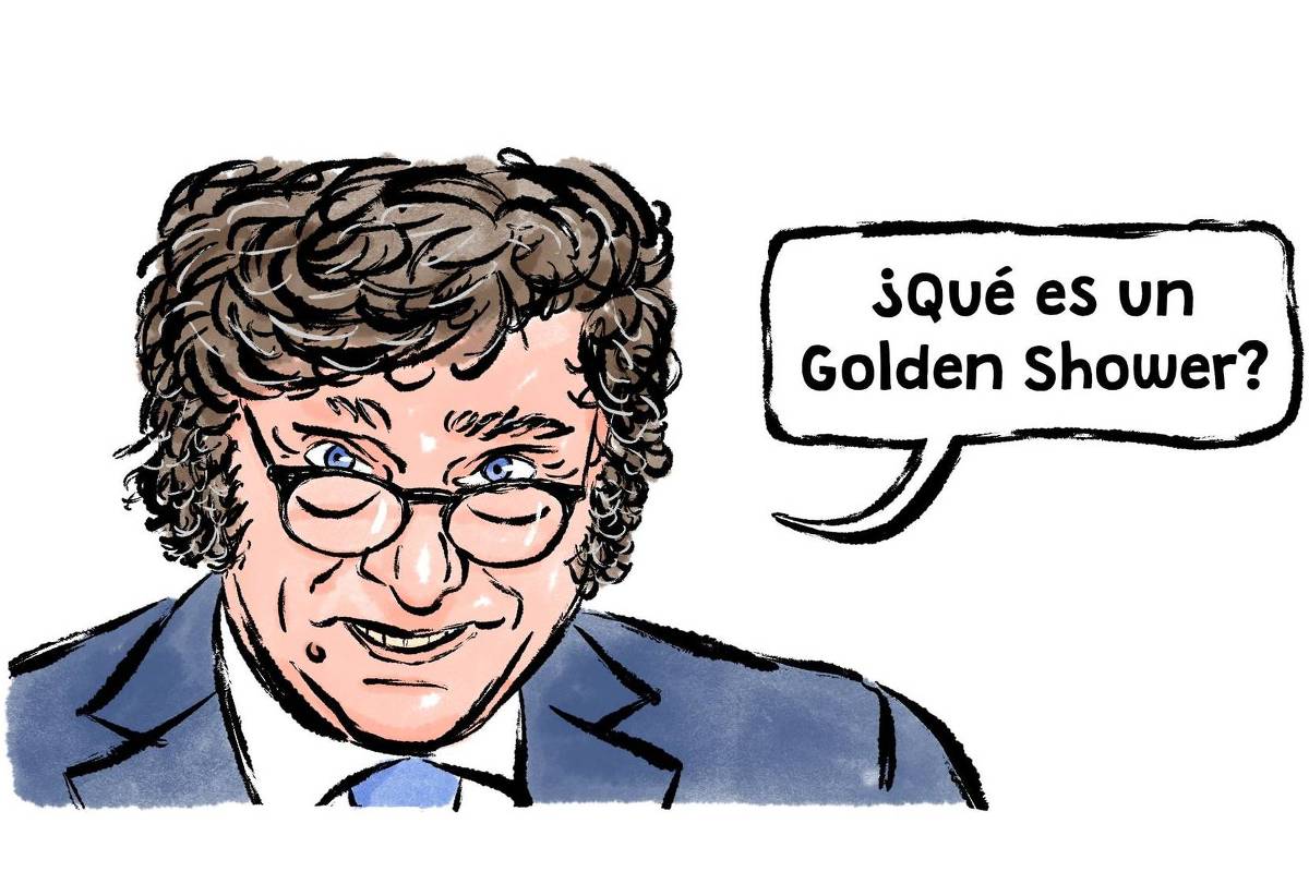Na charge o presidente da Argentina Javier Milei de terno e gravata pergunta "¿Que és un Golden Shower?"