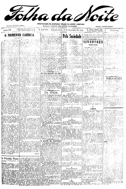 Primeira Página da Folha da Noite de 17 de dezembro de 1923