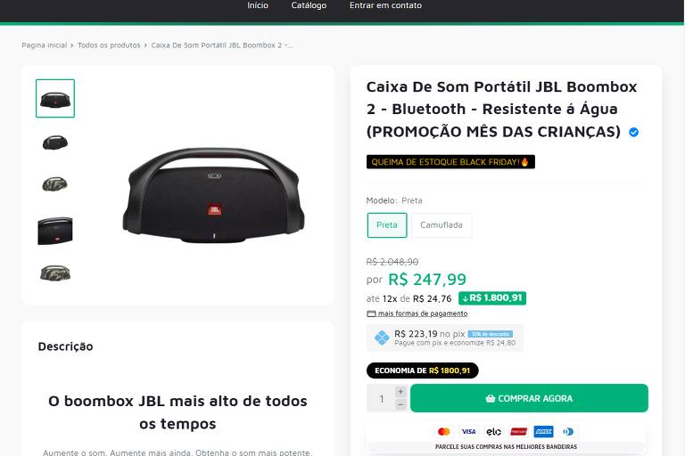 Marketplace oferta caixinha de som JBL Boombox por R$ 247,99. A concorrência vende o produto por cerca de R$ 2.000