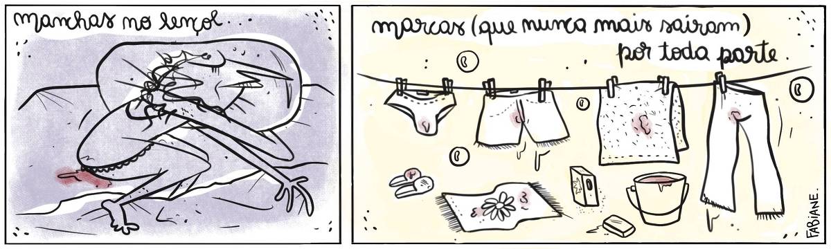 A tira Viver Dói, de Fabiane Langona, publicada em 22/11/ 2023, mostra uma mulher deitada de lado na cama em um quarto escuro. Ela está com a cabeça recostada no travesseiro, camisolinha, pernas levemente dobradas. Enquanto isso, vemos uma poça de sangue ao redor de suas partes intimas inundar parte do lençol. Ela dorme tranquilamente. No quadro seguinte, vemos um varal. Nele vemos uma calcinha, um short, uma toalha de banho e uma calça. Logo abaixo, um tapete e um par de pantufas, acompanhados de balde e sabão. Todas peças estão com manchas de sangue antigo, ressecado. No quadrinho 1, uma legenda narrativa diz: “Manchas no lençol… No quadrinho 2, a legenda narrativa completa a frase anterior:  … “ Marcas (que nunca mais saíram) por toda parte”.
