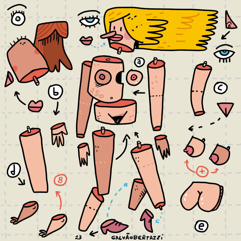 Na ilustração de Galvão Bertazzi temos uma mulher, desmontada como se fosse uma boneca. Várias partes do seu corpo estão desencaixadas: braços, pernas, cabeça, seios, vagina, pés e mãos e podem ser substituídas por peças novas sempre que desejar. O desenho lembra um esquema, uma instrução de um brinquedo de montar.