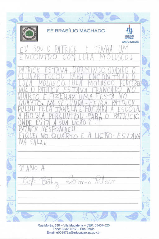 A turma do 1º ano criou coletivamente o enredo 'Eu sou o Patrick e tinha um encontro com Lula Molusco!'