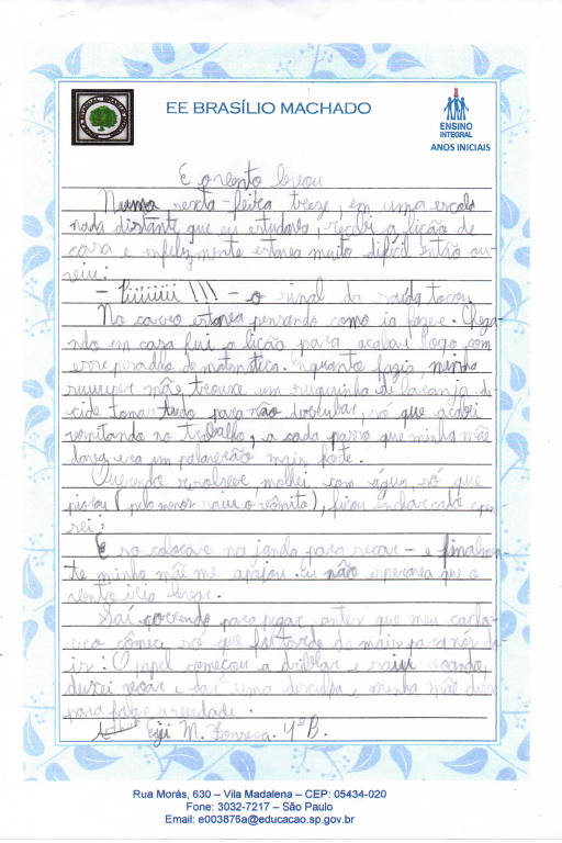 Início da redação de Arthur, do 4º ano