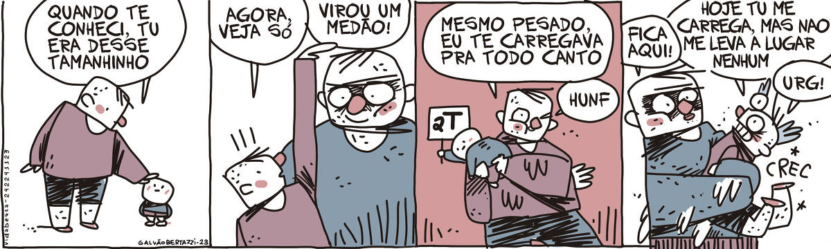 A tira do Galvão Bertazzi se chama Vida Besta e está dividida em quatro quadros. No primeiro quadro temos um homem e uma criancinha bem pequena. O homem olha para a criancinha com a mão sobre sua cabecinha e diz: QUando te conheci, tu era desse tamanhinho. No segundo quadro o homem está agora com um outro homem enorme, bem maior que ele. O homem diz: Agora, veja só! Virou um medão! No terceiro quadro o homem volta a estar com a criancinha e a carrega no ombro. Ele diz: Mesmo pesado, eu te carregava pra todo canto. Hunf! A criancinha leva uma placa escrito: duas toneladas. No quarto quadro o homem está sendo esmagado pelos braços do homem maior. O homem maior diz: Fica aqui! O homem menor diz: Hoje tu me carrega, mas não me leva a lugar nenhum. URG!