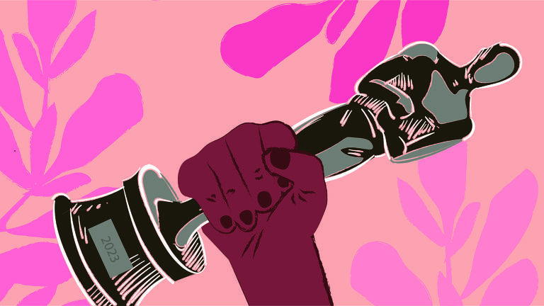 Ilustração com fundo rosa e uma mão negra levantando o troféu Raça Negra